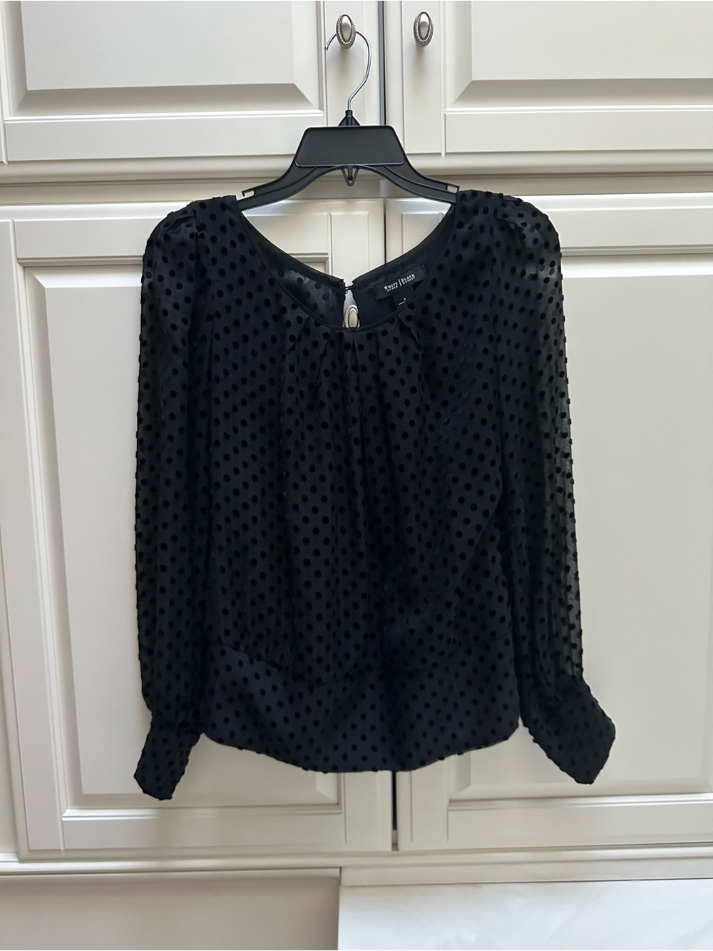 White House Black Market Black Swiss Dot Long-Sleeve Blouse